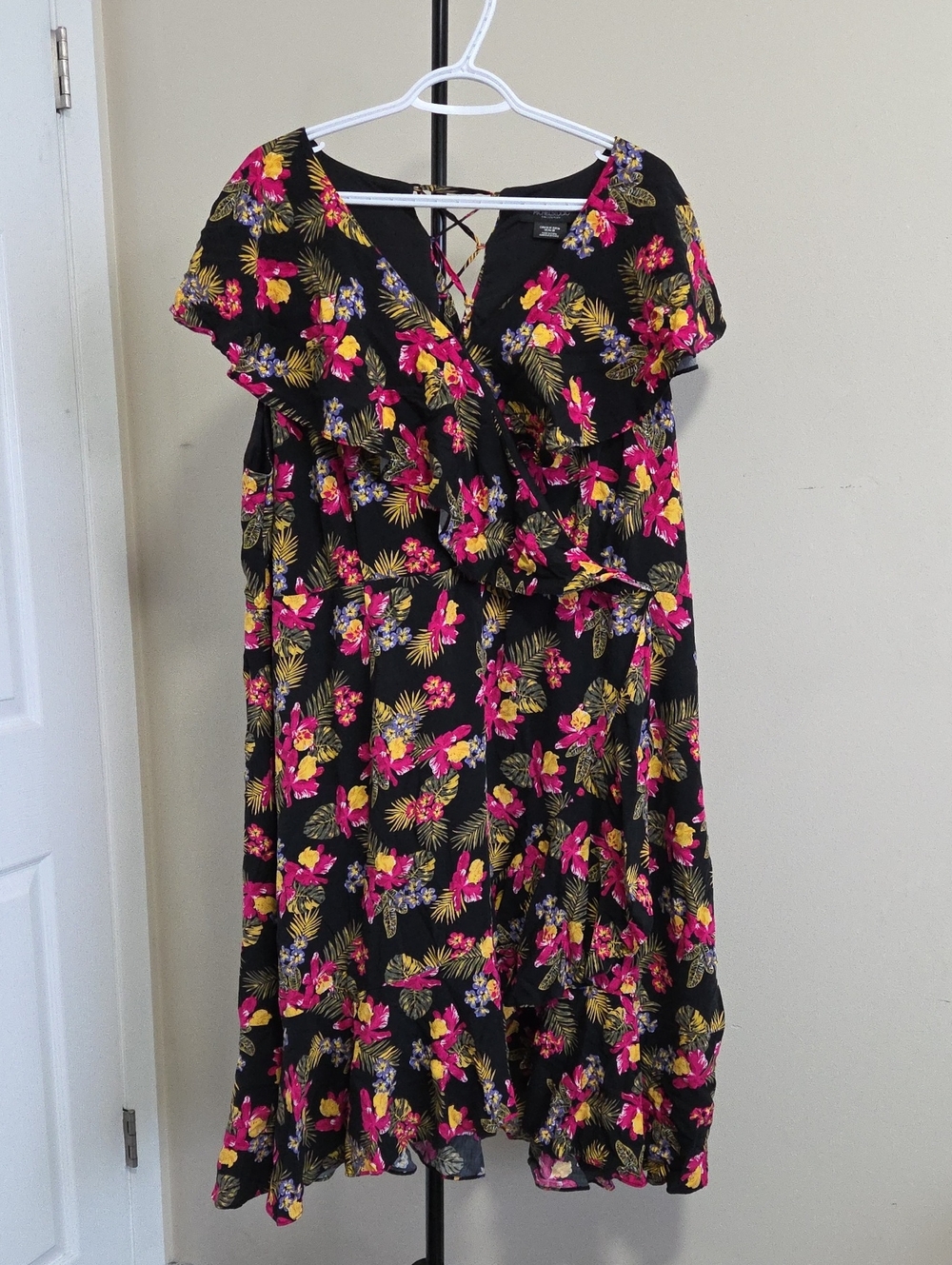 Michel Studio Floral Ruffle Wrap Dress - Black with Pink & Yellow Floral Print
